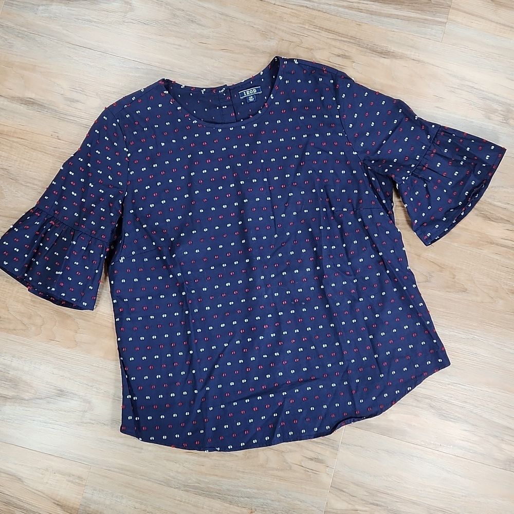 🔺️Izod Blue w/Red & White Polka Dot Button Ruffle Sleeve Top Large